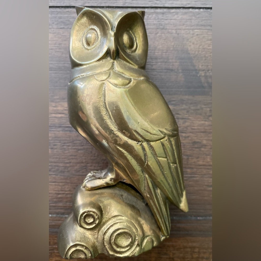 Vintage MCM Brass Owl Decorative Statue Figurine Perched on a Limb 6” Solid